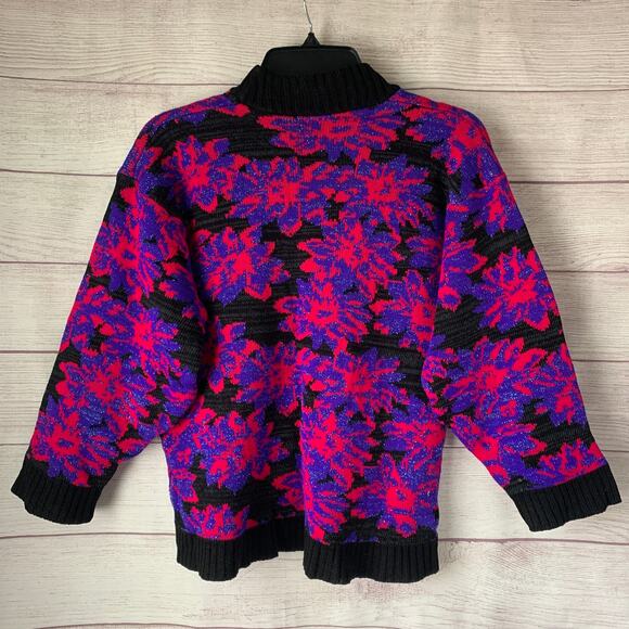 Vintage Floral Sweater Mock Turtleneck 80s 90s Neon Pink Purple Glitter Retro - Picture 6 of 15